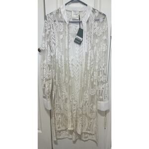 MSRP $128 Lysse Adele tunic white lace duster top kimono New QVC cover up Sz S